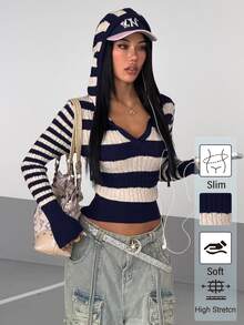 StreetHx Streetwear Coastal Modest Women's Autumn/Winter Colorblock Ribbed V-Neck Y2K Sports Cinched Waist Ribbed Slimming Long Sleeve Sweater Top Travel - Multicolor - View 2