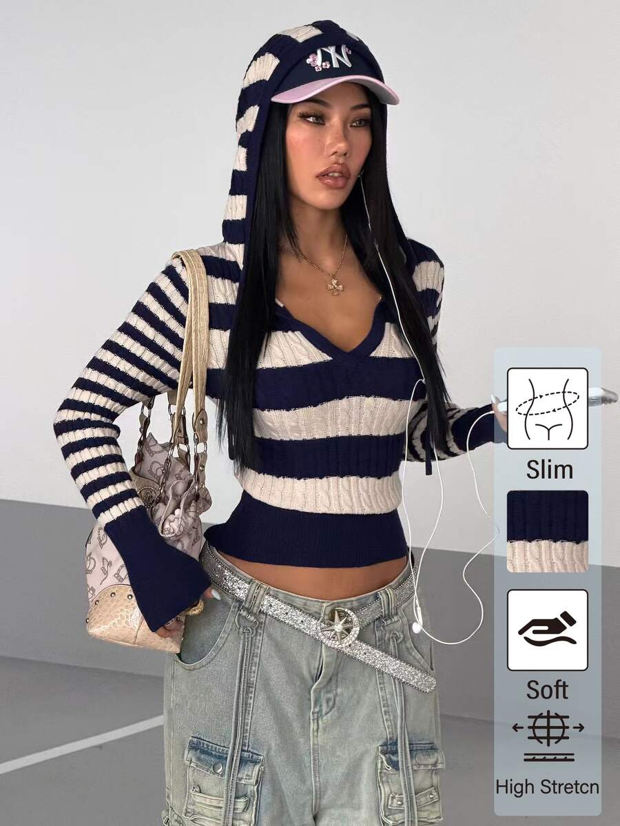 StreetHx Streetwear Coastal Modest Women's Autumn/Winter Colorblock Ribbed V-Neck Y2K Sports Cinched Waist Ribbed Slimming Long Sleeve Sweater Top Travel