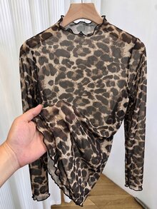 Velvienne Women's Plus Size Leopard Print Mesh Frill Trim Fitted Long Sleeve Top, Casual Outing Blouse, All Season T-Shirt Fall - Black - View 2