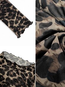 Velvienne Women's Plus Size Leopard Print Mesh Frill Trim Fitted Long Sleeve Top, Casual Outing Blouse, All Season T-Shirt Fall - Black - View 7