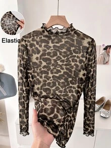 Velvienne Women's Plus Size Leopard Print Mesh Frill Trim Fitted Long Sleeve Top, Casual Outing Blouse, All Season T-Shirt Fall - Black - View 4
