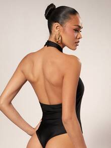 Hauture Women's Summer Sexy Solid Color Backless Halter Neck One-Piece Bodysuit - Black - View 4