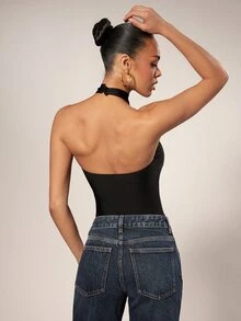 Hauture Women's Summer Sexy Solid Color Backless Halter Neck One-Piece Bodysuit - Black - View 6