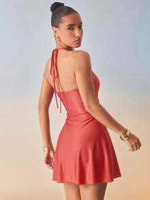 Hauture Women's Round Black Pearl Metal Decor Halter Mini Dress - Cherry Red - View 3
