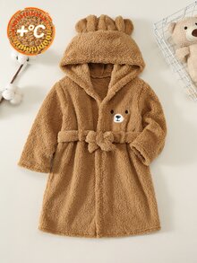 SHEIN 小男孩兒童彩色刺繡連帽休閒開襟衫，秋冬居家服，適合假期、生日、開學首日、兒童婚禮賓客穿著 - 棕色 - 查看 2