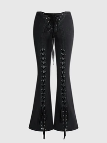 ROMWE Grunge Punk Punk Washed Distressed Tie-Up Design Skinny Flare Jeans - Black - View 1