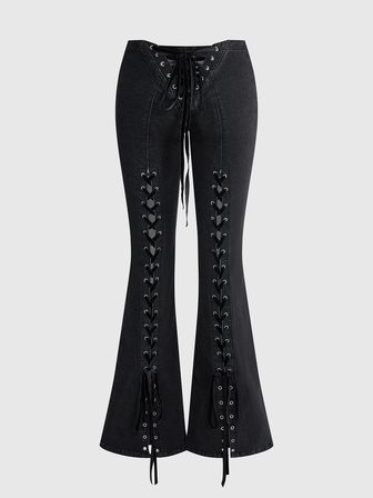 Grunge Punk Punk Washed Distressed Tie-Up Design Skinny Flare Jeans