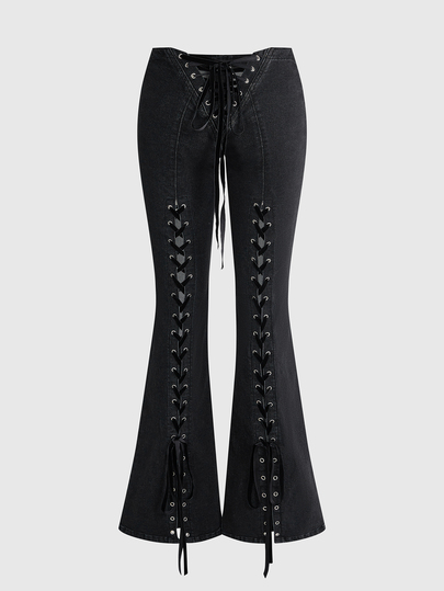 ROMWE Grunge Punk Punk Washed Distressed Tie-Up Design Skinny Flare Jeans