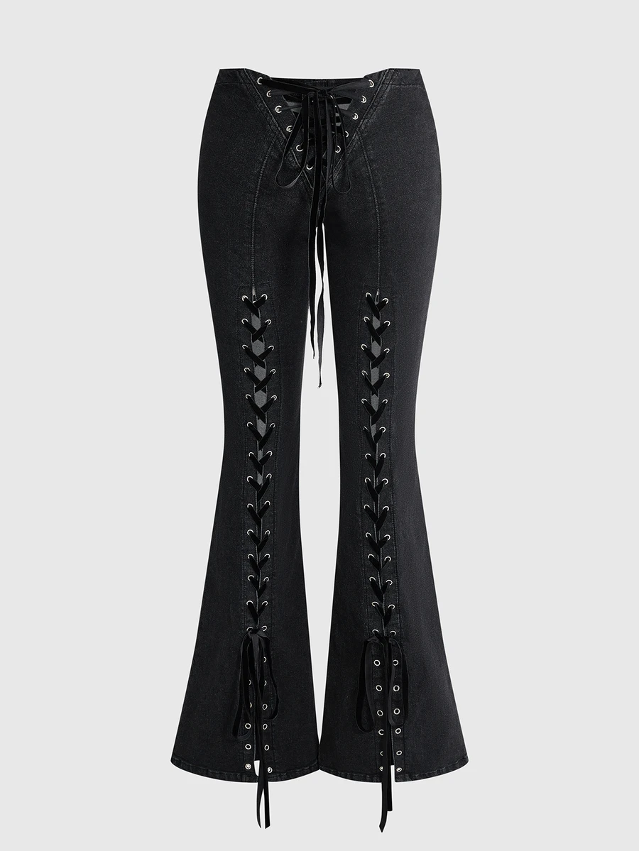 ROMWE Grunge Punk Punk Washed Distressed Tie-Up Design Skinny Flare Jeans - Black - View 1