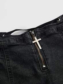 ROMWE Grunge Punk Punk Washed Distressed Tie-Up Design Skinny Flare Jeans - Black - View 4