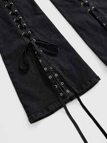 ROMWE Grunge Punk Punk Washed Distressed Tie-Up Design Skinny Flare Jeans - Black - View 3