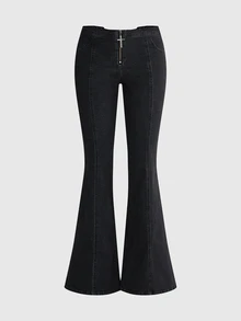 ROMWE Grunge Punk Punk Washed Distressed Tie-Up Design Skinny Flare Jeans - Black - View 2