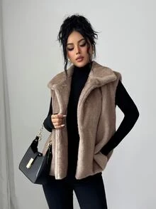 SHEIN Elenzya Solid Fuzzy Coat Without Belt Dinner Date Khaki Winter Elegant - Khaki - View 3