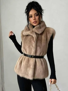 SHEIN Elenzya Solid Fuzzy Coat Without Belt Dinner Date Khaki Winter Elegant - Khaki - View 1