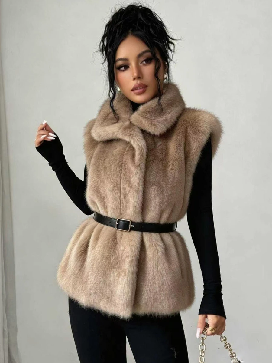 SHEIN Elenzya Solid Fuzzy Coat Without Belt Dinner Date Khaki Winter Elegant - Khaki - View 1