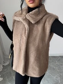 SHEIN Elenzya Solid Fuzzy Coat Without Belt Dinner Date Khaki Winter Elegant - Khaki - View 7