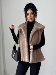SHEIN Elenzya Solid Fuzzy Coat Without Belt Dinner Date Khaki Winter Elegant - Khaki - View 6