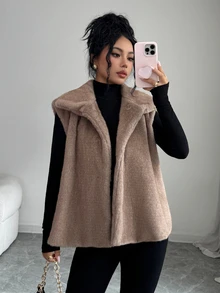 SHEIN Elenzya Solid Fuzzy Coat Without Belt Dinner Date Khaki Winter Elegant - Khaki - View 4