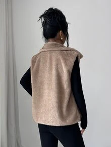 SHEIN Elenzya Solid Fuzzy Coat Without Belt Dinner Date Khaki Winter Elegant - Khaki - View 2