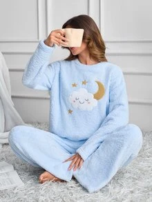 SHEIN طقم بيجامة شتوي نسائي أزرق من الفرو الناعم مطرز بتصميم السحاب والقمر - أزرق فاتح اللون - مشاهدة 7