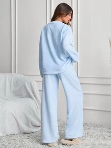SHEIN طقم بيجامة شتوي نسائي أزرق من الفرو الناعم مطرز بتصميم السحاب والقمر - أزرق فاتح اللون - مشاهدة 3