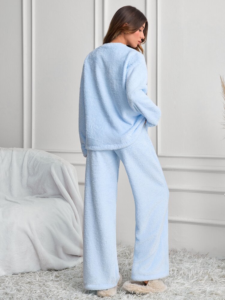 SHEIN Cottnline Women's Light Blue Plush Cloud Moon Embroidered Winter Pajama Set Lounge Cute Casual - Baby Blue - View 2