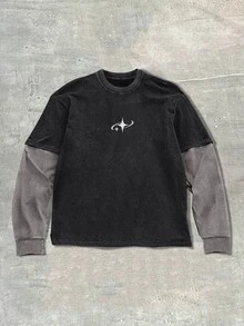 ROMWE MEN Spring Casual Graphic Men'S Patchwork Contrast Color Star Print Casual Street T-Shirt, Fall, Long Sleeve Top - Black - View 1