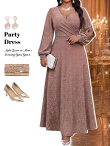 Fleurora Gaun Pesta Kasual Wanita Ukuran Besar Warna Polos Leher V untuk Musim Gugur - Coral Pink - View 6