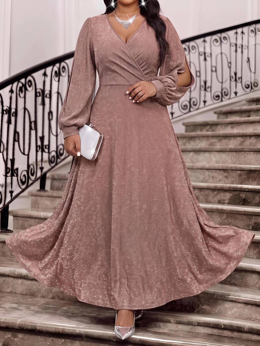 Fleurora Plus Size Women Solid Color V-Neck Casual Party Dress Fall - Coral Pink - View 1