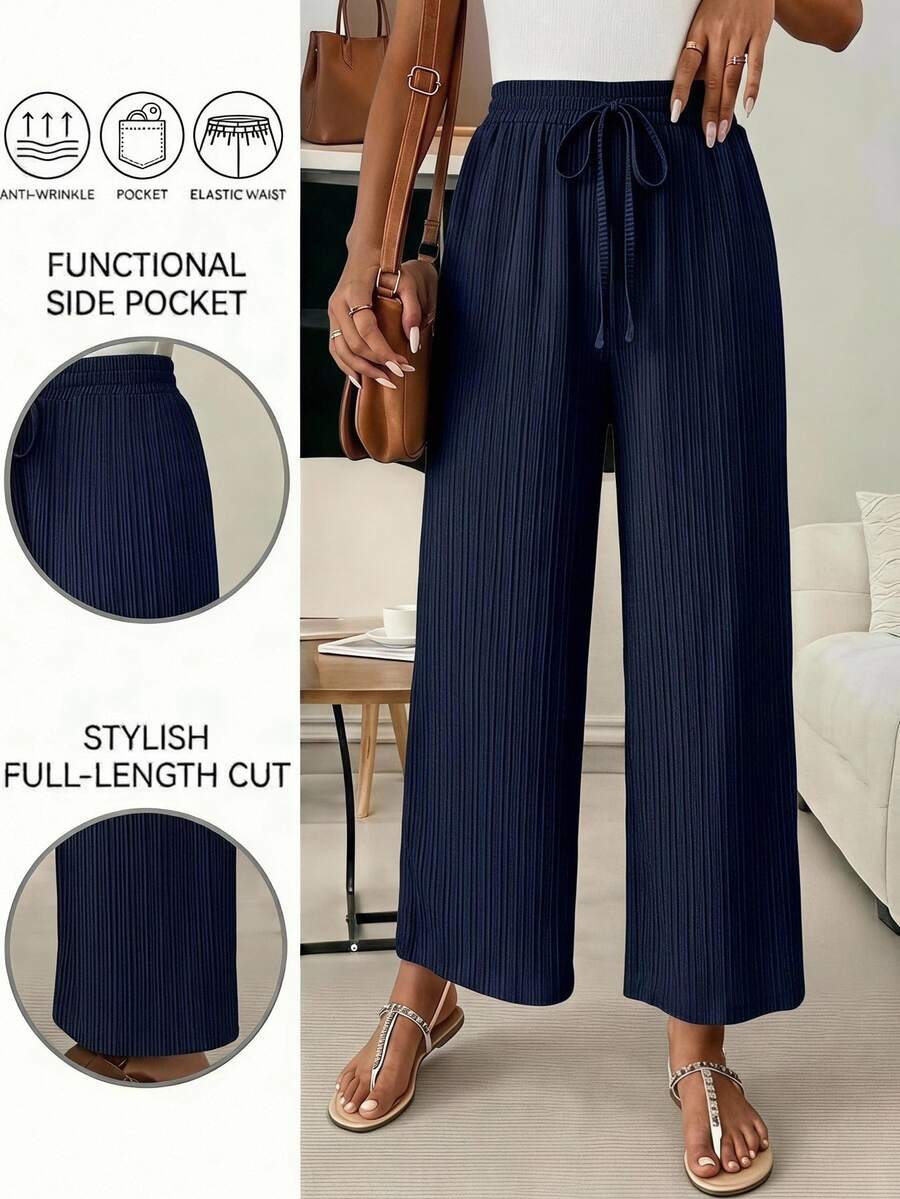 SHEIN LUNE Women's Casual Textured Pattern Fabric Capri Pants, Navy Blue, Suitable For Back To School Season, Teacher Uniform Wear Vacation Holiday Autumn