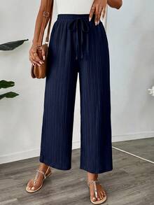 SHEIN LUNE Women's Casual Textured Pattern Fabric Capri Pants, Navy Blue, Suitable For Back To School Season, Teacher Uniform Wear Vacation Holiday Autumn - Navy Blue - View 7