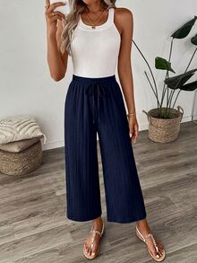 SHEIN LUNE Women's Casual Textured Pattern Fabric Capri Pants, Navy Blue, Suitable For Back To School Season, Teacher Uniform Wear Vacation Holiday Autumn - Navy Blue - View 6