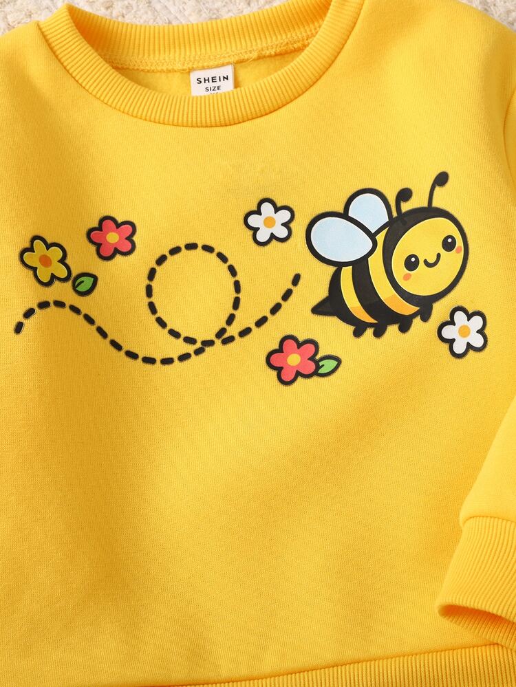Kids Young Girl Casual Energetic Yellow Bee Pattern Sweatshirt & Leggings Set,Autumn Outfit,Fall Outfits - Yellow - View 3