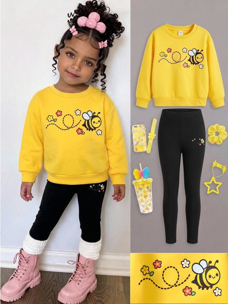 Kids Young Girl Casual Energetic Yellow Bee Pattern Sweatshirt & Leggings Set,Autumn Outfit,Fall Outfits - Yellow - View 1
