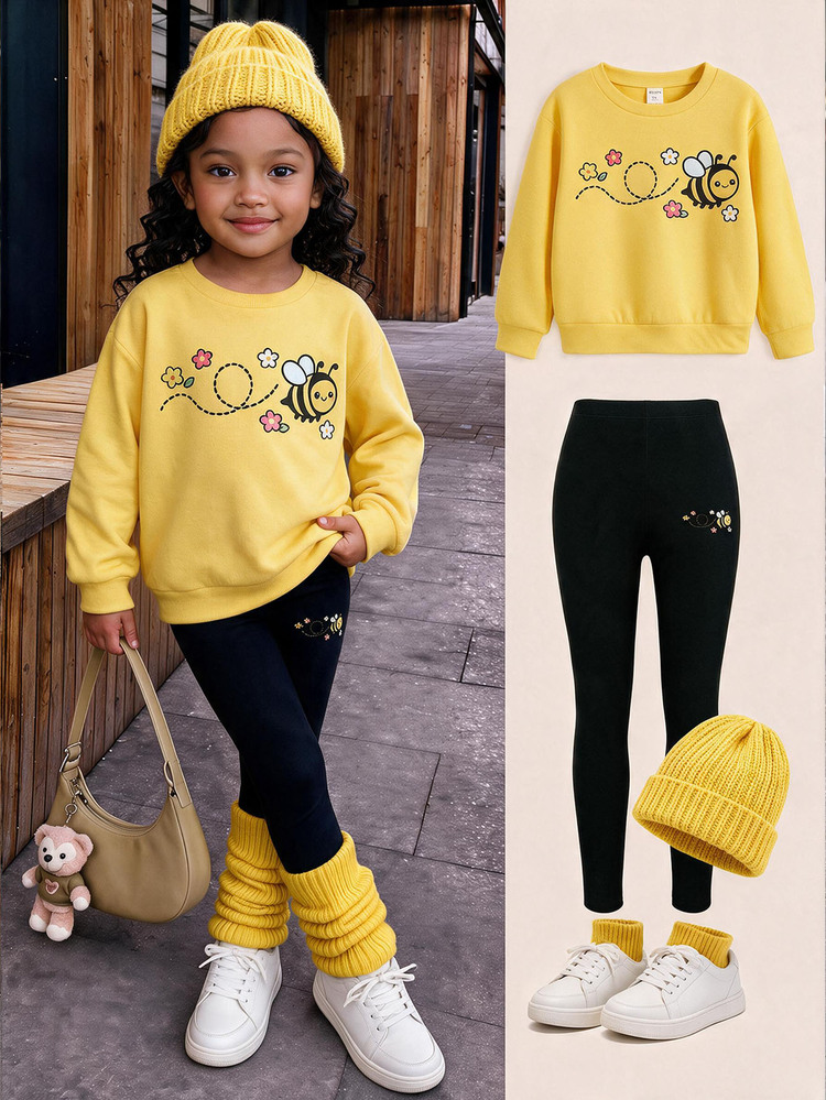 Kids Young Girl Casual Energetic Yellow Bee Pattern Sweatshirt & Leggings Set,Autumn Outfit,Fall Outfits - Yellow - View 1