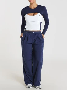 11SKNDS Long Sleeve Crop Top Cutout Detail Color Block Design Corset-Style Bodice Round Neck Streetwear Athleisure Gym Workout Navy Blue Summer - Blue - View 5