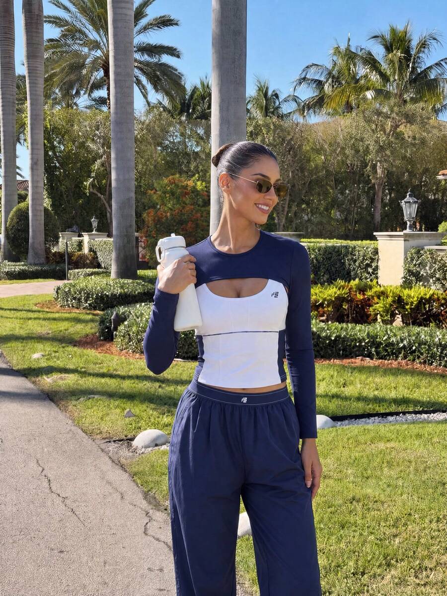 11SKNDS Long Sleeve Crop Top Cutout Detail Color Block Design Corset-Style Bodice Round Neck Streetwear Athleisure Gym Workout Navy Blue Summer - Blue - View 1