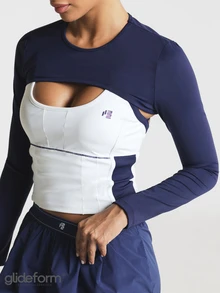 11SKNDS Long Sleeve Crop Top Cutout Detail Color Block Design Corset-Style Bodice Round Neck Streetwear Athleisure Gym Workout Navy Blue Summer - Blue - View 2