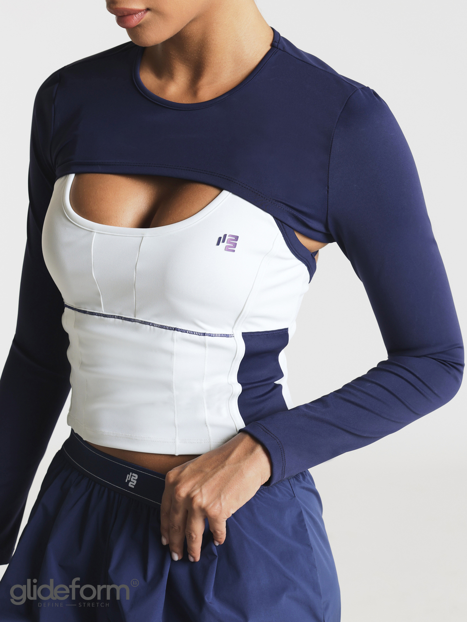 11SKNDS Long Sleeve Crop Top Cutout Detail Color Block Design Corset-Style Bodice Round Neck Streetwear Athleisure Gym Workout Navy Blue Summer