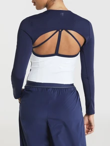 11SKNDS Long Sleeve Crop Top Cutout Detail Color Block Design Corset-Style Bodice Round Neck Streetwear Athleisure Gym Workout Navy Blue Summer - Blue - View 4