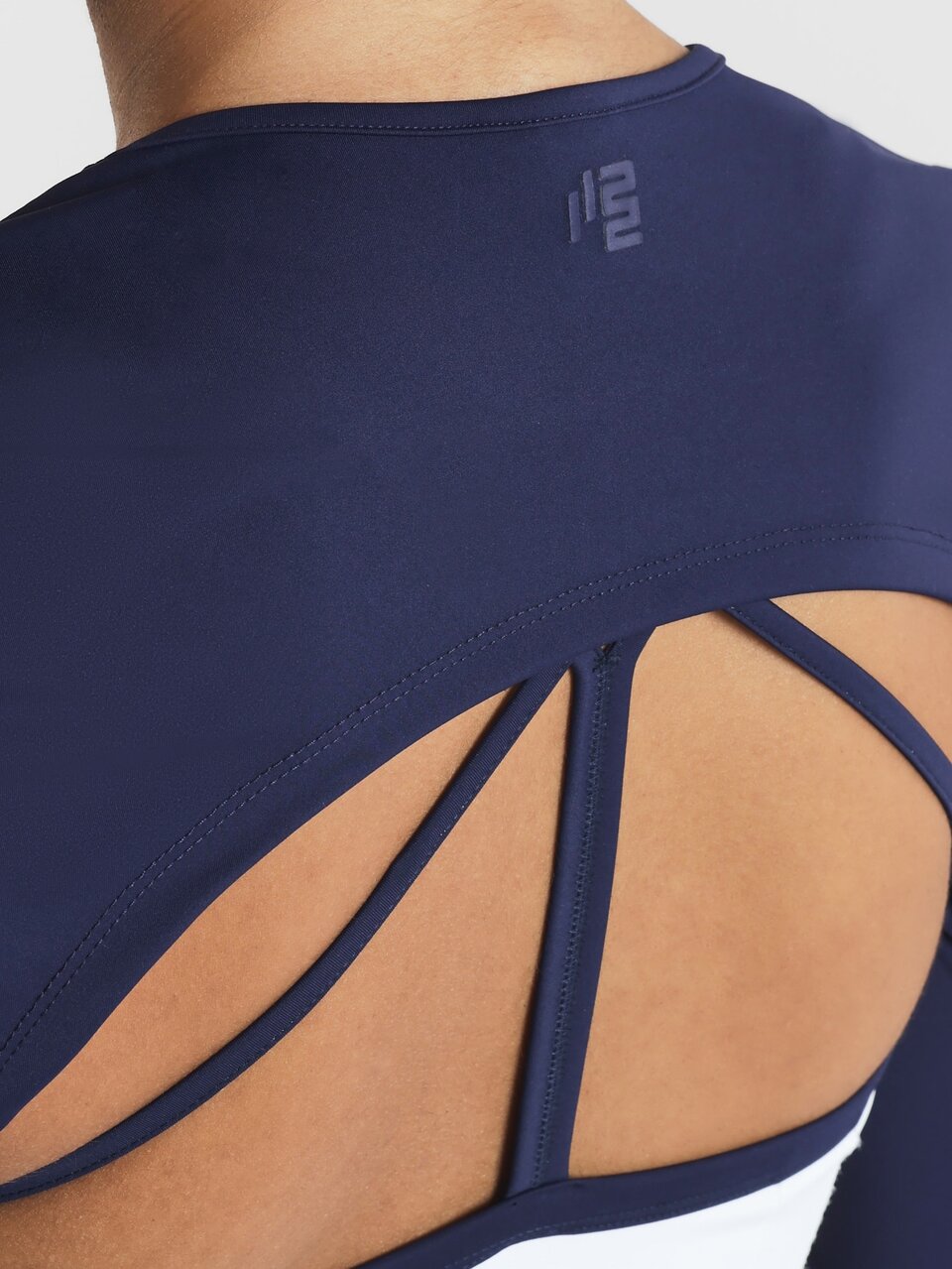 11SKNDS Long Sleeve Crop Top Cutout Detail Color Block Design Corset-Style Bodice Round Neck Streetwear Athleisure Gym Workout Navy Blue Summer