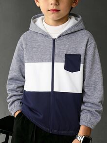 SHEIN 兒童青少年男孩休閒百搭抓絨內裡拼色連帽外套，適合通勤、上學、日常休閒穿著、運動，適用秋冬 - 寶藍色 - 查看 7
