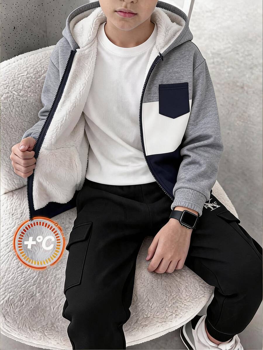 SHEIN 兒童青少年男孩休閒百搭抓絨內裡拼色連帽外套,適合通勤、上學、日常休閒穿著、運動,適用秋冬 - 寶藍色 - 查看 1