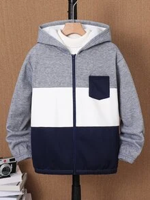 SHEIN 兒童青少年男孩休閒百搭抓絨內裡拼色連帽外套，適合通勤、上學、日常休閒穿著、運動，適用秋冬 - 寶藍色 - 查看 3