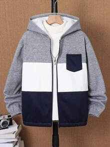 SHEIN 兒童青少年男孩休閒百搭抓絨內裡拼色連帽外套，適合通勤、上學、日常休閒穿著、運動，適用秋冬 - 寶藍色 - 查看 2
