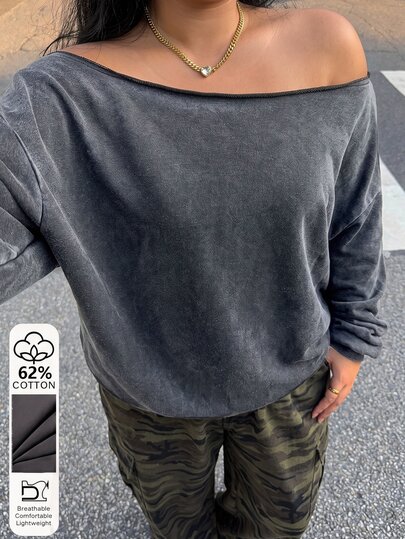Muchica Plus Size Women's Solid Color Asymmetrical Shoulder Casual Western 90s Everyday Formal Date Night Vacation Office Long Sleeve Sweatshirt Grey Autumn