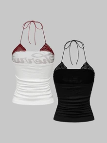 ROMWE 2 件套：复古樱桃印花和朋克花卉撞色蕾丝露背上衣 - 彩色 - 查看 9