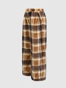 SHEIN Tween Girl Tween Girl Plaid Loose Casual Versatile Drawstring Pocket Wide Leg Sweatpants Tween Girl - Khaki - View 4