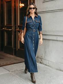 Anewsta Women's Vintage Modern Long Sleeve Design PU Patchwork Contrast Color Waist-Cinching Belt Buckle Long Denim Dress - Blue - View 1