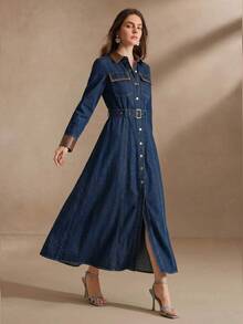 Anewsta Women's Vintage Modern Long Sleeve Design PU Patchwork Contrast Color Waist-Cinching Belt Buckle Long Denim Dress - Blue - View 2